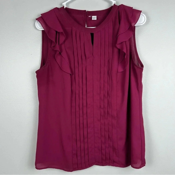 Deep Burgundy Office Workwear Ruffle Sleeveless Shirt, Size Small by Elle - Picture 1 of 10